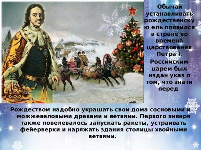 Обычай устанавливать рождественскую ель появился в стране во времена царствования Петра I.  Российским царем был издан указ о том, что знати перед Рождеством надобно украшать свои дома сосновыми и можжевеловыми древами и ветвями. Первого января также повелевалось запускать ракеты, устраивать фейерверки и наряжать здания столицы хвойными ветвями.