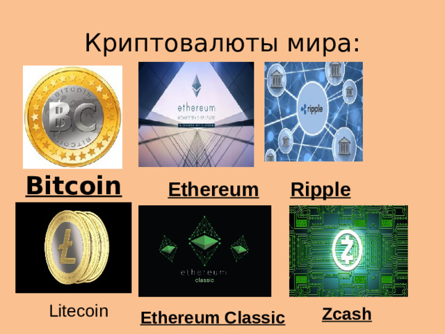 Криптовалюты мира: Bitcoin Ethereum Ripple Litecoin Zcash Ethereum Classic