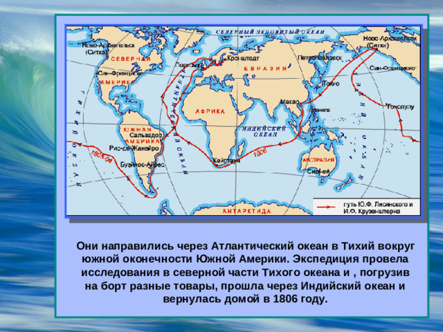 Они направились через Атлантический океан в Тихий вокруг южной оконечности Южной Америки. Экспедиция провела исследования в северной части Тихого океана и , погрузив на борт разные товары, прошла через Индийский океан и вернулась домой в 1806 году.