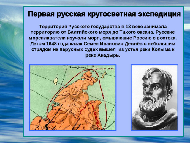 Территория Русского государства в 18 веке занимала территорию от Балтийского моря до Тихого океана. Русские мореплаватели изучали моря, омывающие Россию с востока. Летом 1648 года казак Семен Иванович Дежнёв с небольшим отрядом на парусных судах вышел из устья реки Колыма к реке Анадырь.