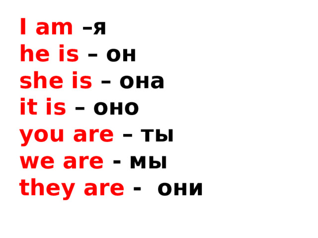 I am –я  he is – он  she is – она  it is – оно  you are – ты  we are - мы  they are - они