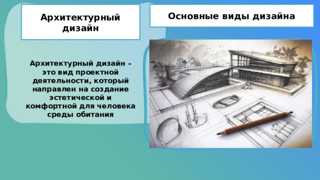 Основные виды дизайна Архитектурный дизайн Архитектурный дизайн – это вид проектной деятельности, который направлен на создание эстетической и комфортной для человека среды обитания