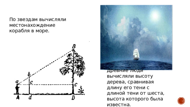 По звездам вычисляли местонахождение корабля в море. Древние люди вычисляли высоту дерева, сравнивая длину его тени с длиной тени от шеста, высота которого была известна.