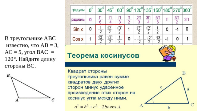 В треугольнике ABC  известно, что АВ = 3, АС = 5, угол BAC  = 120°. Найдите длину стороны ВС.