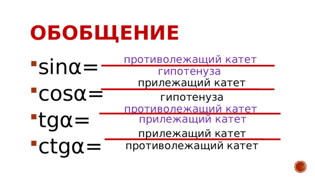 Обобщение противолежащий катет sinα= cosα= tgα= ctgα= гипотенуза прилежащий катет гипотенуза противолежащий катет прилежащий катет прилежащий катет противолежащий катет