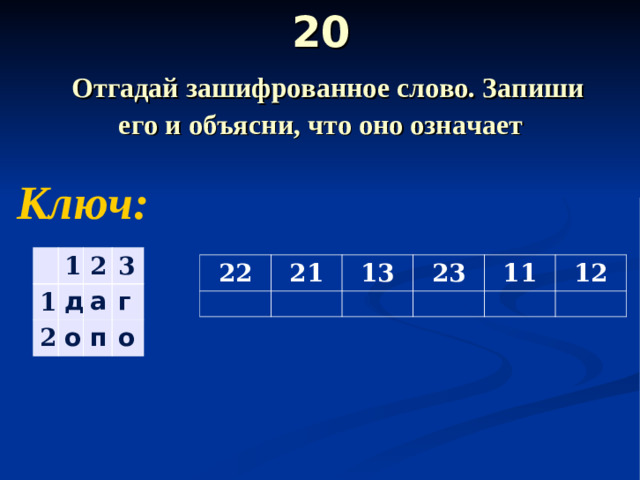 20   Отгадай зашифрованное слово. Запиши его и объясни, что оно означает Ключ: 1 1 2 2 д 3 а о г п о 22 21 13 23 11 12