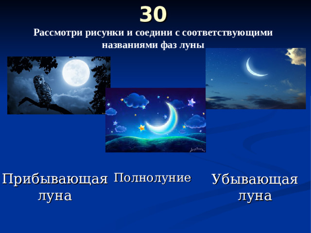 30  Рассмотри рисунки и соедини с соответствующими названиями фаз луны Полнолуние Прибывающая луна Убывающая  луна