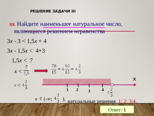 Решение задачи III .  III. Найдите наименьшее натуральное число, являющиеся решением неравенства 3 х - 3 х + 4 3 х - 1,5 х 1,5 х х х 2 1 4 3 x (-∞; ), натуральные решения 1; 2; 3;4 . Ответ: 1