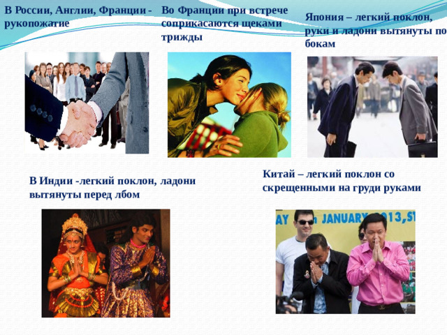 Во Франции при встрече соприкасаются щеками трижды В России, Англии, Франции - рукопожатие Япония – легкий поклон, руки и ладони вытянуты по бокам Китай – легкий поклон со скрещенными на груди руками В Индии -легкий поклон, ладони вытянуты перед лбом