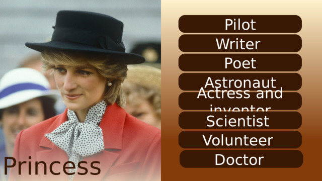 Pilot Writer Poet Astronaut Actress and inventor Scientist Volunteer Princess Diana Doctor