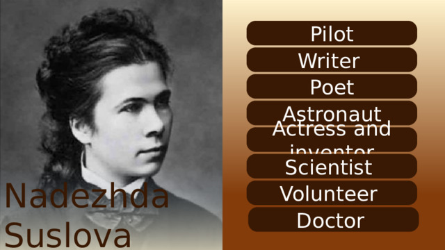Pilot Writer Poet Astronaut Actress and inventor Scientist Nadezhda Suslova Volunteer Doctor