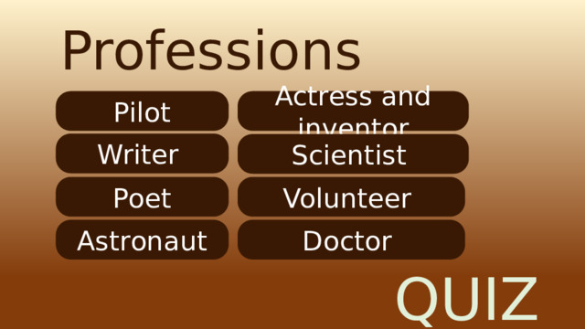 Professions Pilot Actress and inventor Writer Scientist Poet Volunteer Doctor Astronaut QUIZE