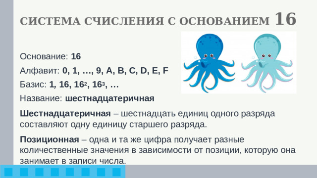 СИСТЕМА СЧИСЛЕНИЯ С ОСНОВАНИЕМ 16 Основание: 16 Алфавит: 0, 1, …, 9, А, В, С, D, E, F Базис: 1 , 16, 16 2 , 16 3 , … Название: шестнадцатеричная Шестнадцатеричная – шестнадцать единиц одного разряда составляют одну единицу старшего разряда. Позиционная – одна и та же цифра получает разные количественные значения в зависимости от позиции, которую она занимает в записи числа.