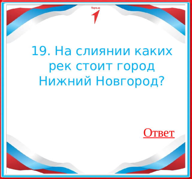 19. На слиянии каких рек стоит город Нижний Новгород? Ответ
