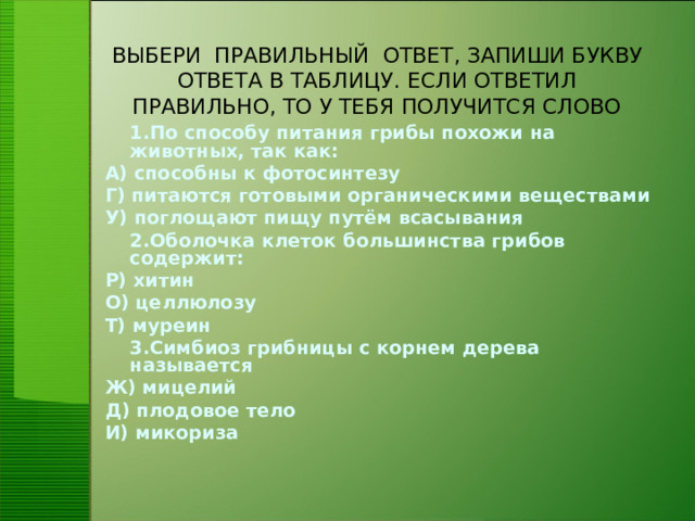 ВЫБЕРИ ПРАВИЛЬНЫЙ ОТВЕТ, ЗАПИШИ БУКВУ ОТВЕТА В ТАБЛИЦУ. ЕСЛИ ОТВЕТИЛ ПРАВИЛЬНО, ТО У ТЕБЯ ПОЛУЧИТСЯ СЛОВО  1.По способу питания грибы похожи на животных, так как: А) способны к фотосинтезу Г) питаются готовыми органическими веществами У) поглощают пищу путём всасывания  2.Оболочка клеток большинства грибов содержит: Р) хитин О) целлюлозу Т) муреин  3.Симбиоз грибницы с корнем дерева называется Ж) мицелий Д) плодовое тело И) микориза