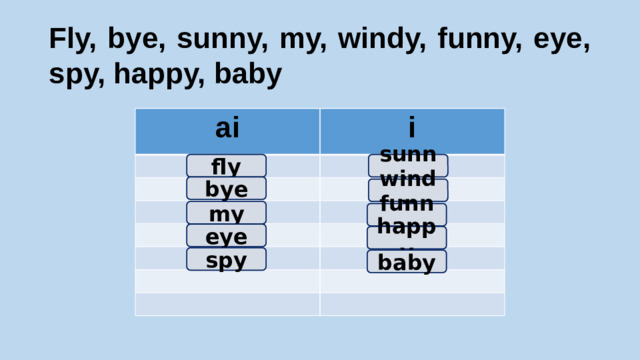 Fly, bye, sunny, my, windy, funny, eye, spy, happy, baby ai i fly sunny bye windy my funny eye happy spy baby