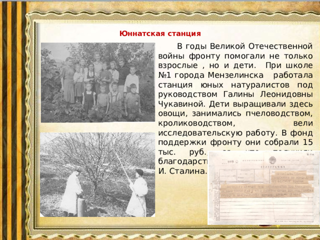 Юннатская станция    В годы Великой Отечественной войны фронту помогали не только взрослые , но и дети. При школе №1 города Мензелинска работала станция юных натуралистов под руководством Галины Леонидовны Чукавиной. Дети выращивали здесь овощи, занимались пчеловодством, кролиководством, вели исследовательскую работу. В фонд поддержки фронту они собрали 15 тыс. руб., за что получили благодарственную телеграмму от И. Сталина. 1