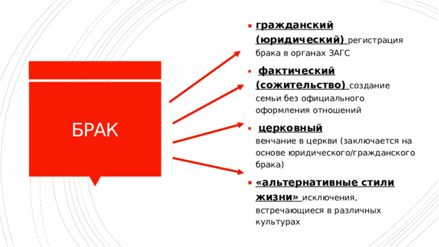гражданский (юридический) регистрация брака в органах ЗАГС  фактический (сожительство) создание семьи без официального оформления отношений  церковный венчание в церкви (заключается на основе юридического/гражданского брака) «альтернативные стили жизни»