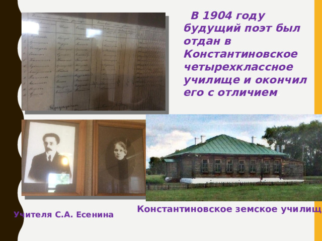 В 1904 году будущий поэт был отдан в Константиновское четырехклассное училище и окончил его с отличием . Константиновское земское училище Учителя С.А. Есенина