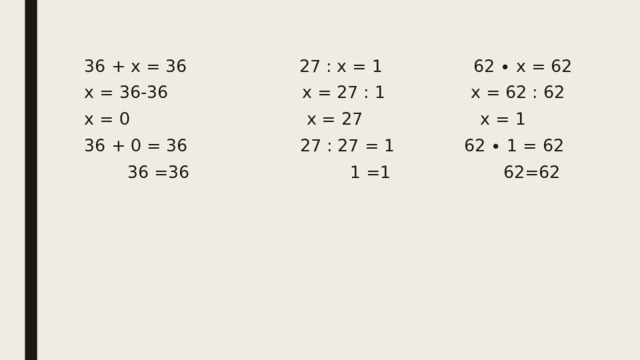 36 + х = 36 27 : х = 1 62 ∙ х = 62 х = 36-36 х = 27 : 1 х = 62 : 62 х = 0 х = 27 х = 1 36 + 0 = 36 27 : 27 = 1 62 ∙ 1 = 62  36 =36 1 =1 62=62