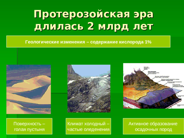 Протерозойская эра длилась 2 млрд лет Геологические изменения – содержание кислорода 1% Поверхность – голая пустыня Климат холодный – частые оледенения Активное образование осадочных пород