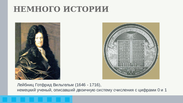 НЕМНОГО ИСТОРИИ Лейбниц Готфрид Вильгельм (1646 - 1716),  немецкий ученый, описавший двоичную систему счисления с цифрами 0 и 1