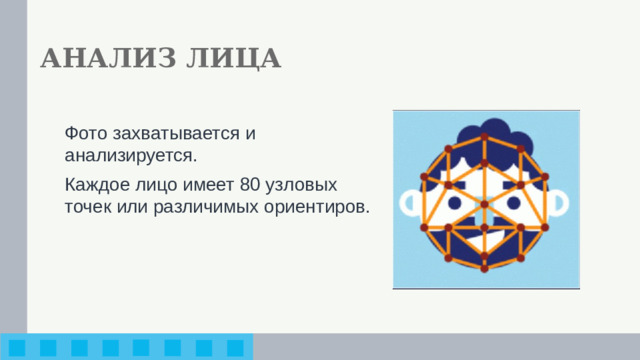 АНАЛИЗ ЛИЦА Фото захватывается и анализируется. Каждое лицо имеет 80 узловых точек или различимых ориентиров.