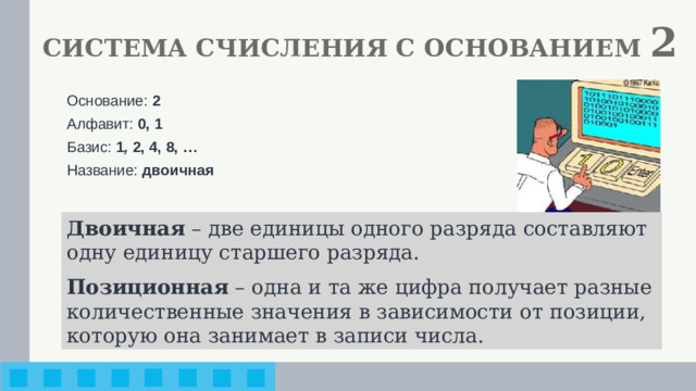 СИСТЕМА СЧИСЛЕНИЯ С ОСНОВАНИЕМ 2 Основание: 2 Алфавит: 0, 1 Базис: 1 , 2, 4, 8, … Название: двоичная Двоичная – две единицы одного разряда составляют одну единицу старшего разряда. Позиционная – одна и та же цифра получает разные количественные значения в зависимости от позиции, которую она занимает в записи числа.