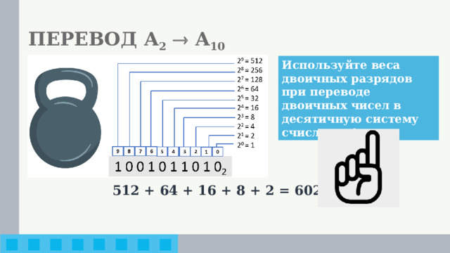 ПЕРЕВОД А 2   А 10 Используйте веса двоичных разрядов при переводе двоичных чисел в десятичную систему счисления! 512 + 64 + 16 + 8 + 2 = 602