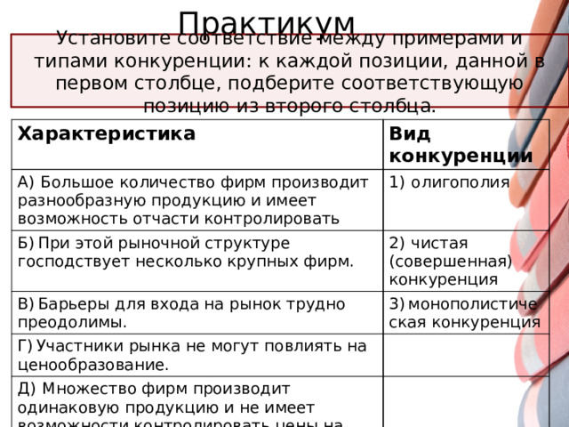 Практикум Установите соответствие между примерами и типами конкуренции: к каждой позиции, данной в первом столбце, подберите соответствующую позицию из второго столбца. Характеристика Вид конкуренции А)  Большое количество фирм производит разнообразную продукцию и имеет возможность отчасти контролировать 1)  олигополия Б) При этой рыночной структуре господствует несколько крупных фирм. 2)  чистая (совершенная) конкуренция В) Барьеры для входа на рынок трудно преодолимы. 3) монополистическая конкуренция Г) Участники рынка не могут повлиять на ценообразование. Д)  Множество фирм производит одинаковую продукцию и не имеет возможности контролировать цены на неё.