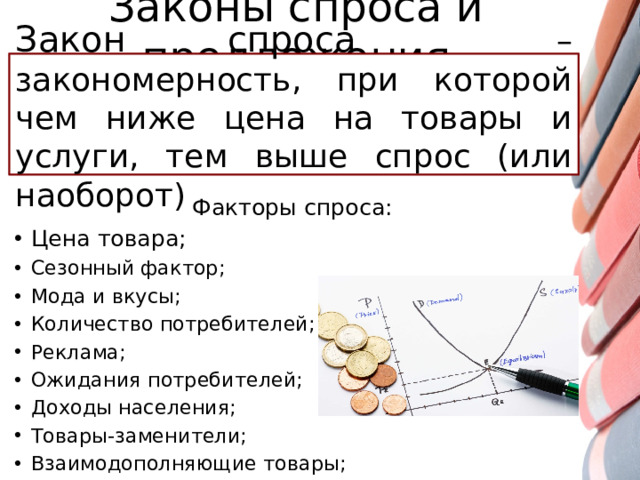 Законы спроса и предложения Закон спроса  – закономерность, при которой чем ниже цена на товары и услуги, тем выше спрос (или наоборот) Факторы спроса: