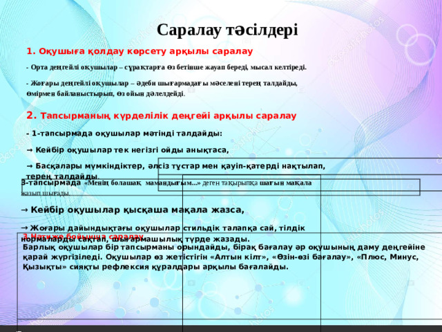 Саралау тәсілдері 1. Оқушыға қолдау көрсету арқылы саралау - Орта деңгейлі оқушылар – сұрақтарға өз бетінше жауап береді, мысал келтіреді. - Жоғары деңгейлі оқушылар – әдеби шығармадағы мәселені терең талдайды, өмірмен байланыстырып, өз ойын дәлелдейді . 2. Тапсырманың күрделілік деңгейі арқылы саралау - 1-тапсырмада оқушылар мәтінді талдайды: → Кейбір оқушылар тек негізгі ойды анықтаса, → Басқалары мүмкіндіктер, әлсіз тұстар мен қауіп-қатерді нақтылап, терең талдайды . 3-тапсырмада «Менің болашақ мамандығым...» деген тақырыпқа шағын мақала жазып шығады. → Кейбір оқушылар қысқаша мақала жазса, →  Жоғары дайындықтағы оқушылар стильдік талапқа сай, тілдік нормаларды сақтап, шығармашылық түрде жазады. 3.Нәтиже бойынша саралау Барлық оқушылар бір тапсырманы орындайды, бірақ бағалау әр оқушының даму деңгейіне қарай жүргізіледі. Оқушылар өз жетістігін «Алтын кілт», «Өзін-өзі бағалау», «Плюс, Минус, Қызықты» сияқты рефлексия құралдары арқылы бағалайды.