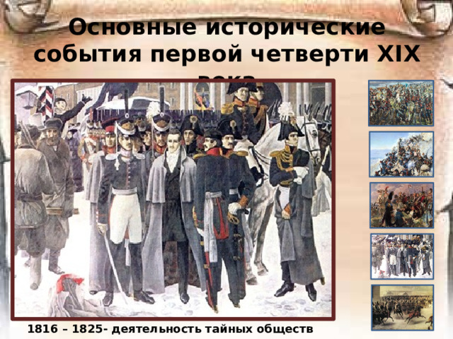 Основные исторические события первой четверти ХIХ века 1816 – 1825- деятельность тайных обществ