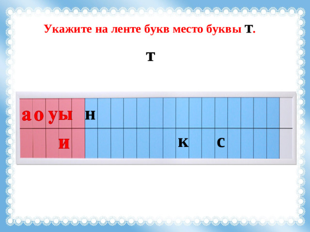 Укажите на ленте букв место буквы т . т н с к